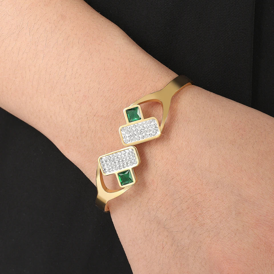 ZAKOL 4/1pcs Geometric Green Square Zircon Inlaid Stainless Steel Copper Stacking Bracelet Luxury Wedding Party Jewelry Gift