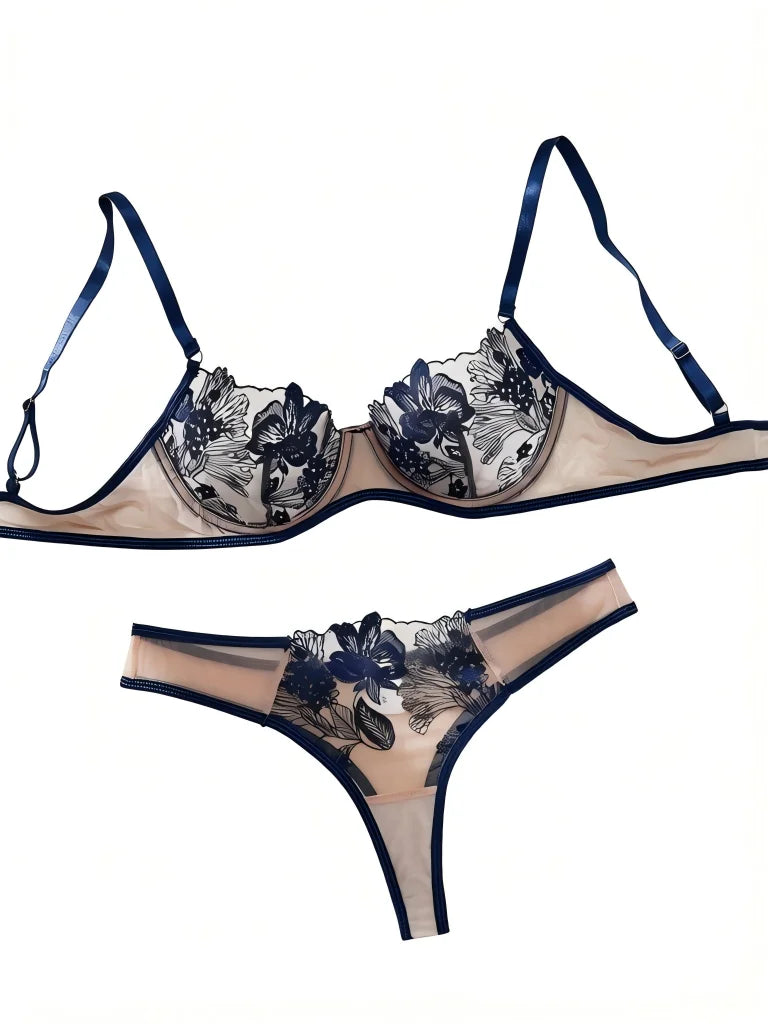 Elegant Blue Sexy Nighty Underwire Bra Underwear Set Party Club Night Women Chef Ultrathin Underwear set