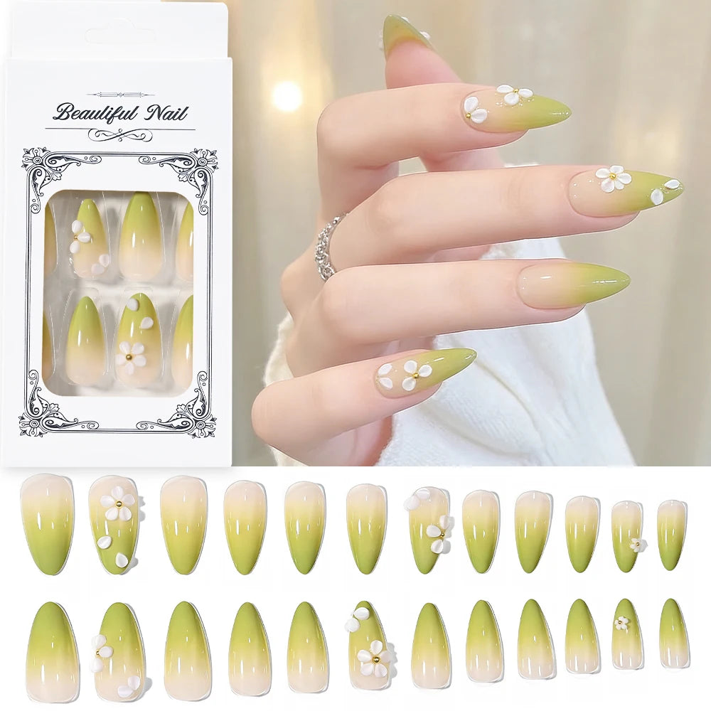 24pcs Gradient Green French Wearable Press on Nails Medium Almond Spring Petal Full Cover Fake Nail Tips Floral False Nails