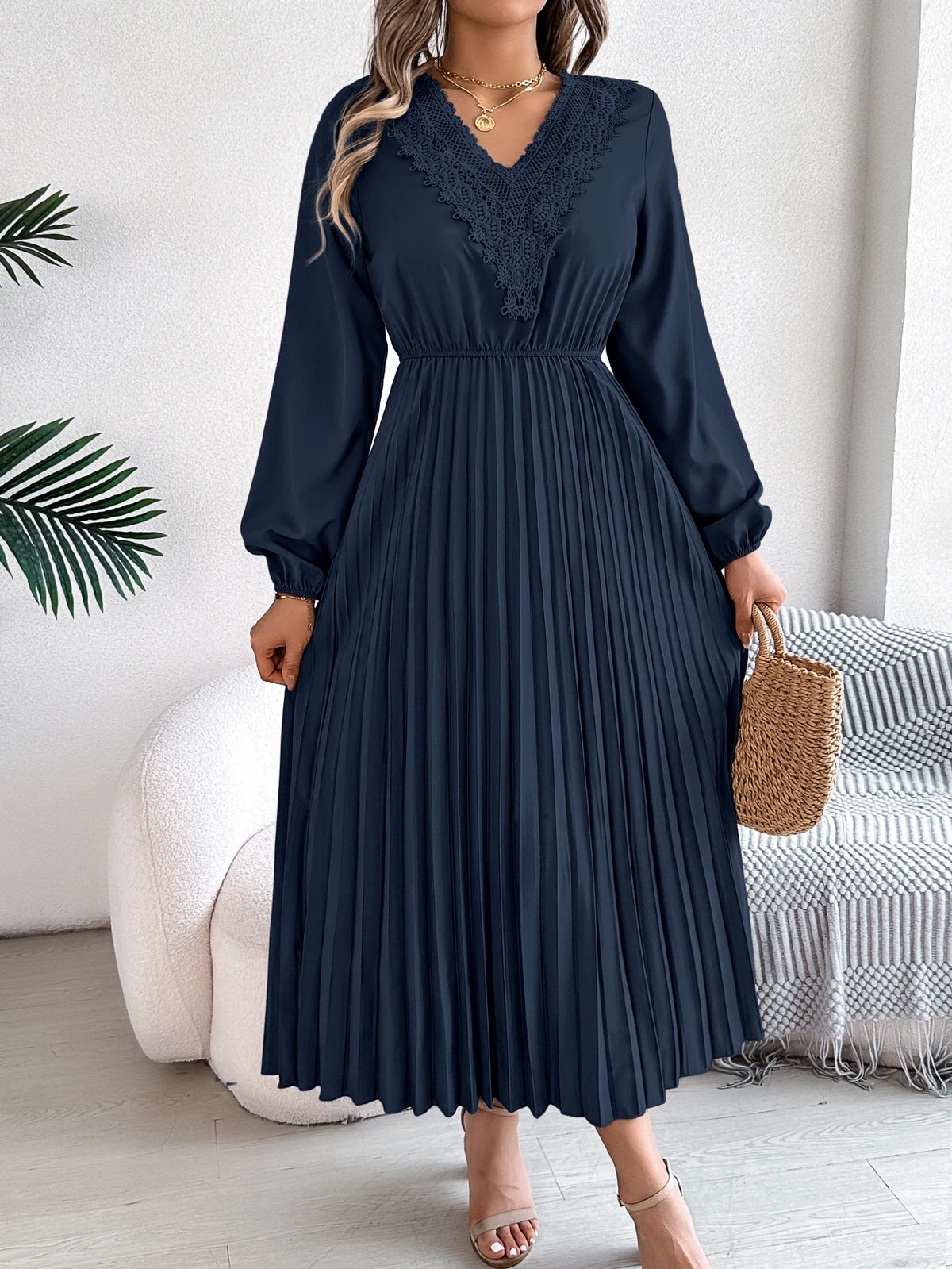 2026 Fashion Lace V Neck Lantern Long Sleeve Maxi Dress for Women Autumn Winter Casual Solid Color Pleated Dresses Khaki Red
