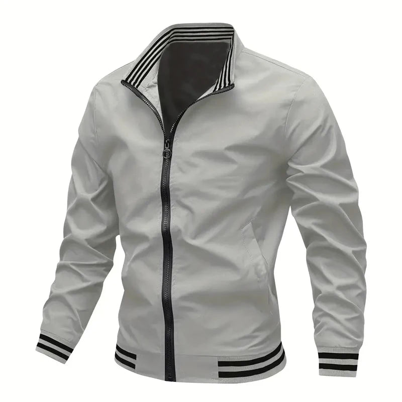 Autumn Winter Men's Long-sleeved Zipper Stand Collar Jacket Non-fleece 100% Polyester Fiber Collar Striped Design Casual Jacket