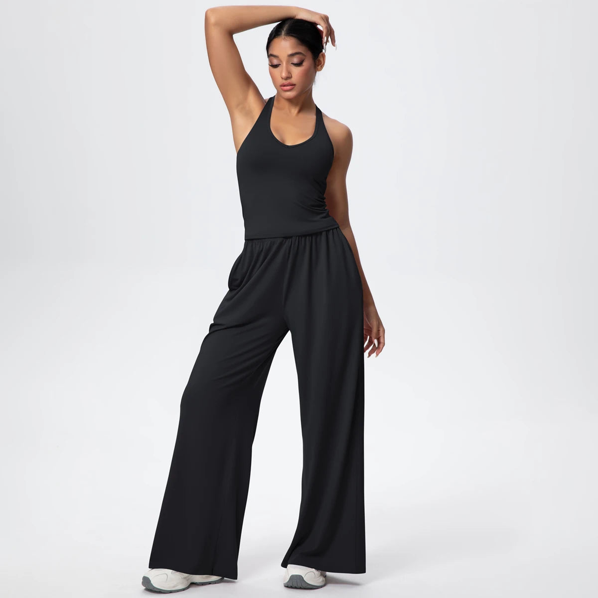 Breathable Loose Wide Leg Pants and Yoga Vest Set Solid Color High Stretch Pockets Pants Beautiful Back T-shaped Vest Yoga Suit