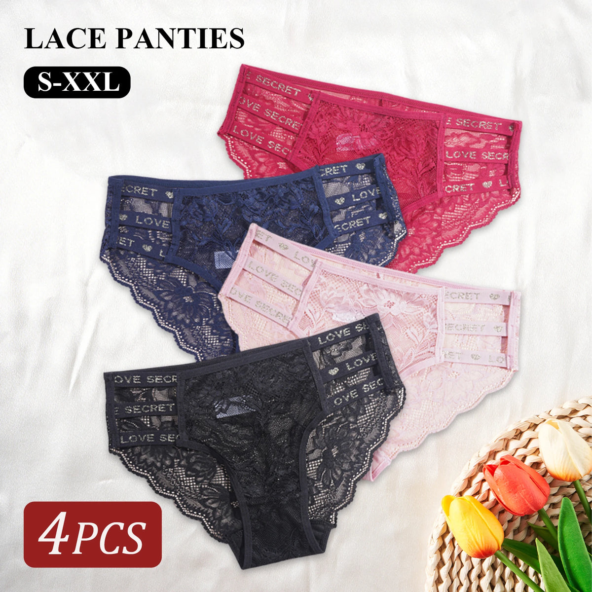 4PCS Elegant Floral Lace Women's Panties Underwear Comfortable Solid Color Briefs with "LOVE" Letter Waistband Female Lingerie