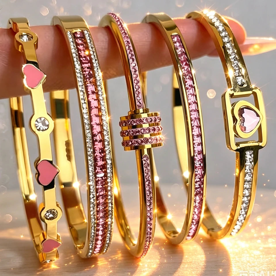 ZAKOL 5/1pcs Fashion Shiny Pink Zircon Inlaid Stainless Steel Bracelets for Women High-end Stacking Bangles Personalized Jewelry