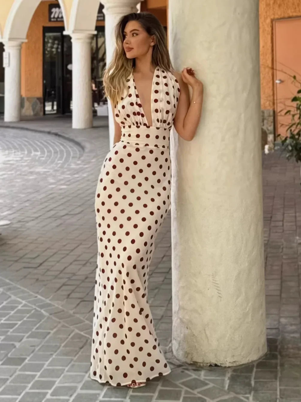 Women Sexy Polka Dot Halter Maxi Dress Elegant V Neck Backless Sleeveless High Waist Dresses 2026 Female Summer Party Dress