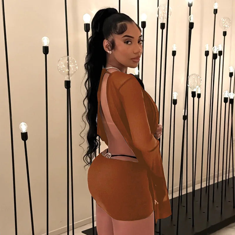 BKLD Solid Color 2026 New Women's Clothing Mesh Swinging Collar Long Sleeve Open Back A-line Short Dresses Party Clubwear