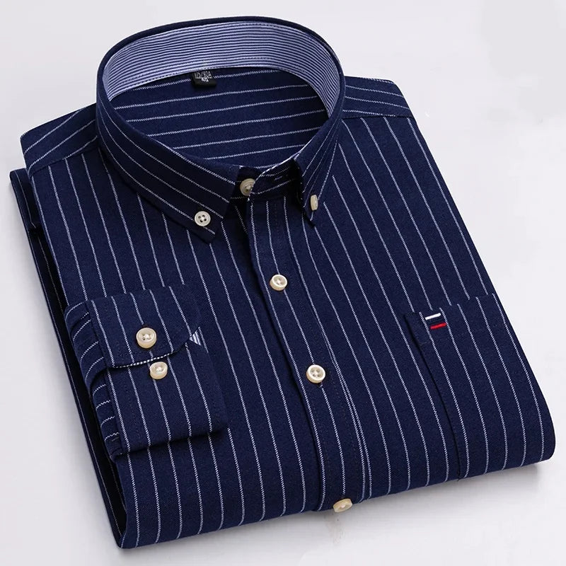 Men Social Shirts Long Sleeve 100% Pure Cotton Oxford Soft Buttoned Plaid Formal Male Clothes Oversized Shirt Plus Size 6XL 7XL