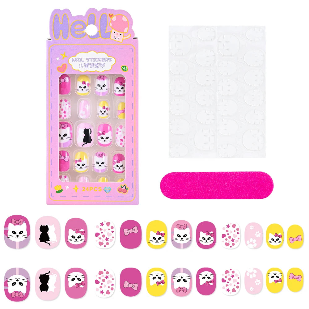 24Pcs/Box Cartoon Heart Bow Rainbow Design Kid Fake Nails Tips Cute False Nail Girls Press on Nails Full Cover Short Fingernails