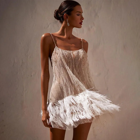 BKLD 2026 New Style Party Dress Sexy Backless Short Dresses Layered Tassel Mesh Sequine Spaghetti Strap Dress Women Clothing