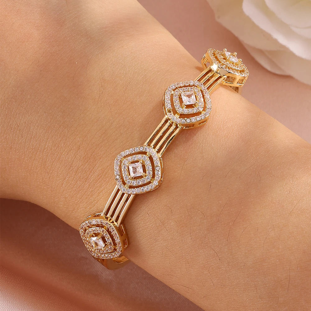 ZAKOL 4/1pcs Geometric Green Square Zircon Inlaid Stainless Steel Copper Stacking Bracelet Luxury Wedding Party Jewelry Gift