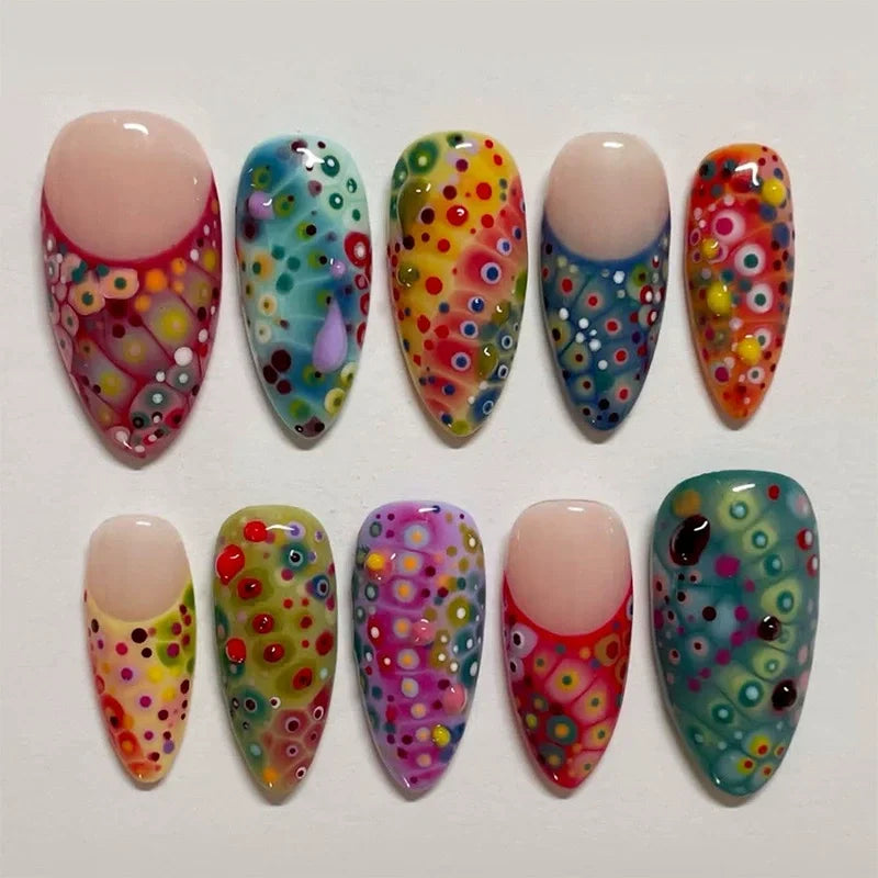 24Pcs Short Almond Nails Set Full Cover Star Moon Wave French Glitter Press on False Nails with Jelly Glue Detachable Nail Art