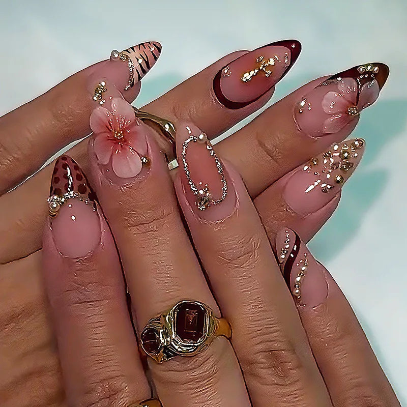 24Pcs Mid-length 3D Flowers Design Fingertips Sweet Butterfly Yellow Ripple Almond False Nails Detachable Full Cover Press Ons