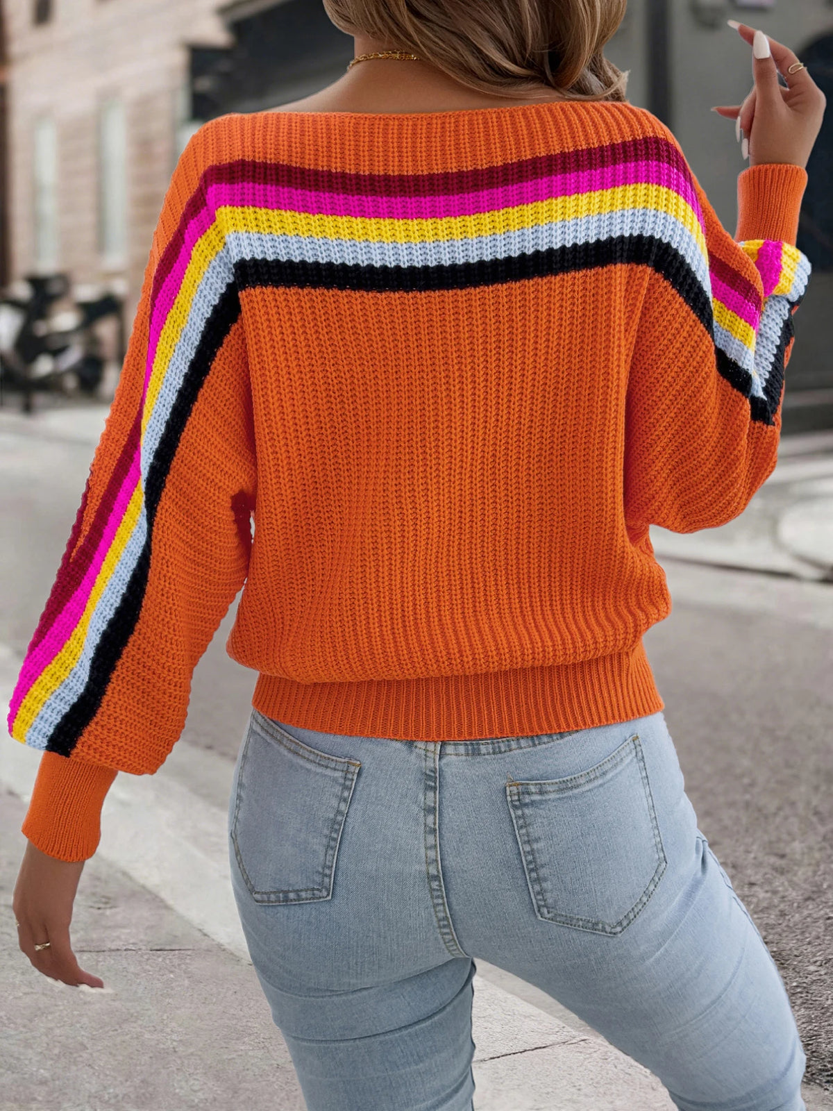 2026 Fashion Contrast Color Striped Sweaters for Women Autumn Winter Casual Round Neck Lantern Long Sleeve Knitted Pullover Tops