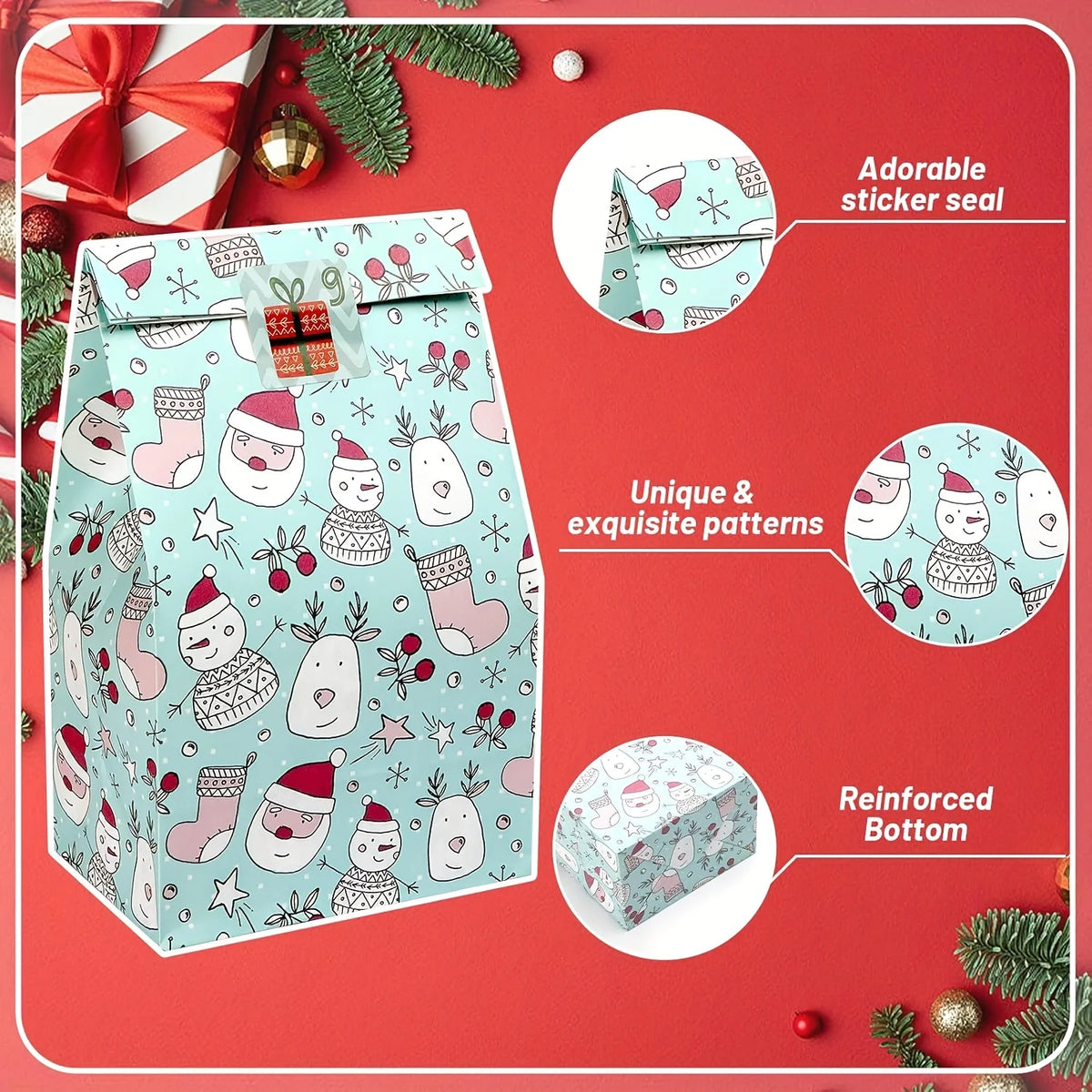 Christmas Gift Bags with Stickers, Xmas Holiday Goodie Treat Bags, Snowflake Reindeer Pattern Paper Gift Pouches for Christmas