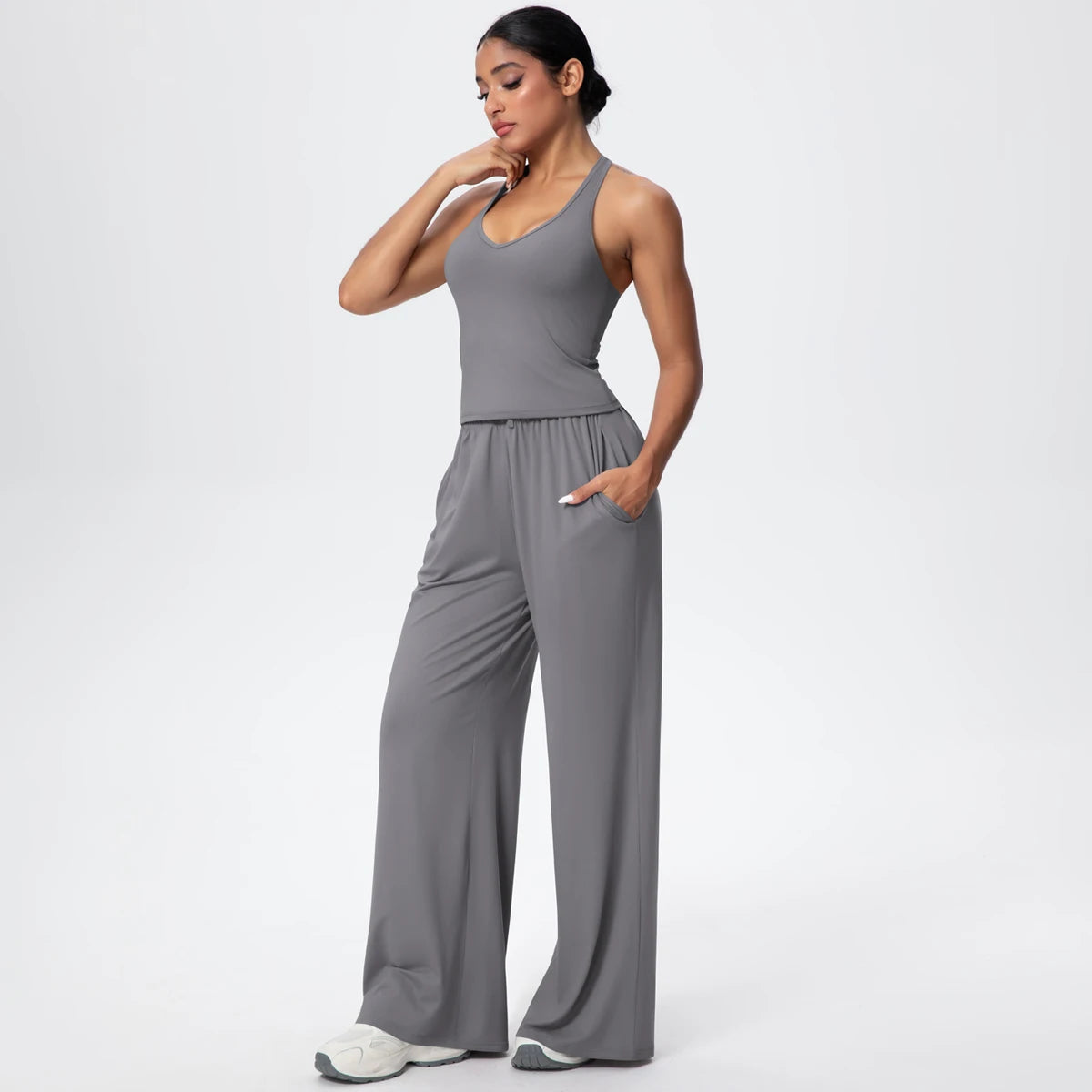 Breathable Loose Wide Leg Pants and Yoga Vest Set Solid Color High Stretch Pockets Pants Beautiful Back T-shaped Vest Yoga Suit