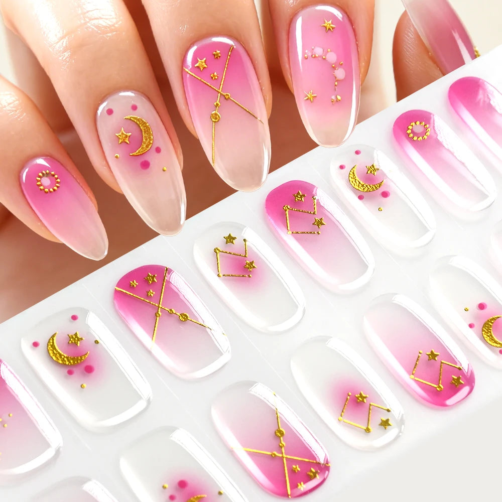 16Tips Gradient Semi Cured Gel Nail Strips Blush Flower Design Full Wrap Nail Decals French Gold Lines Gel Nail Polish Sticker