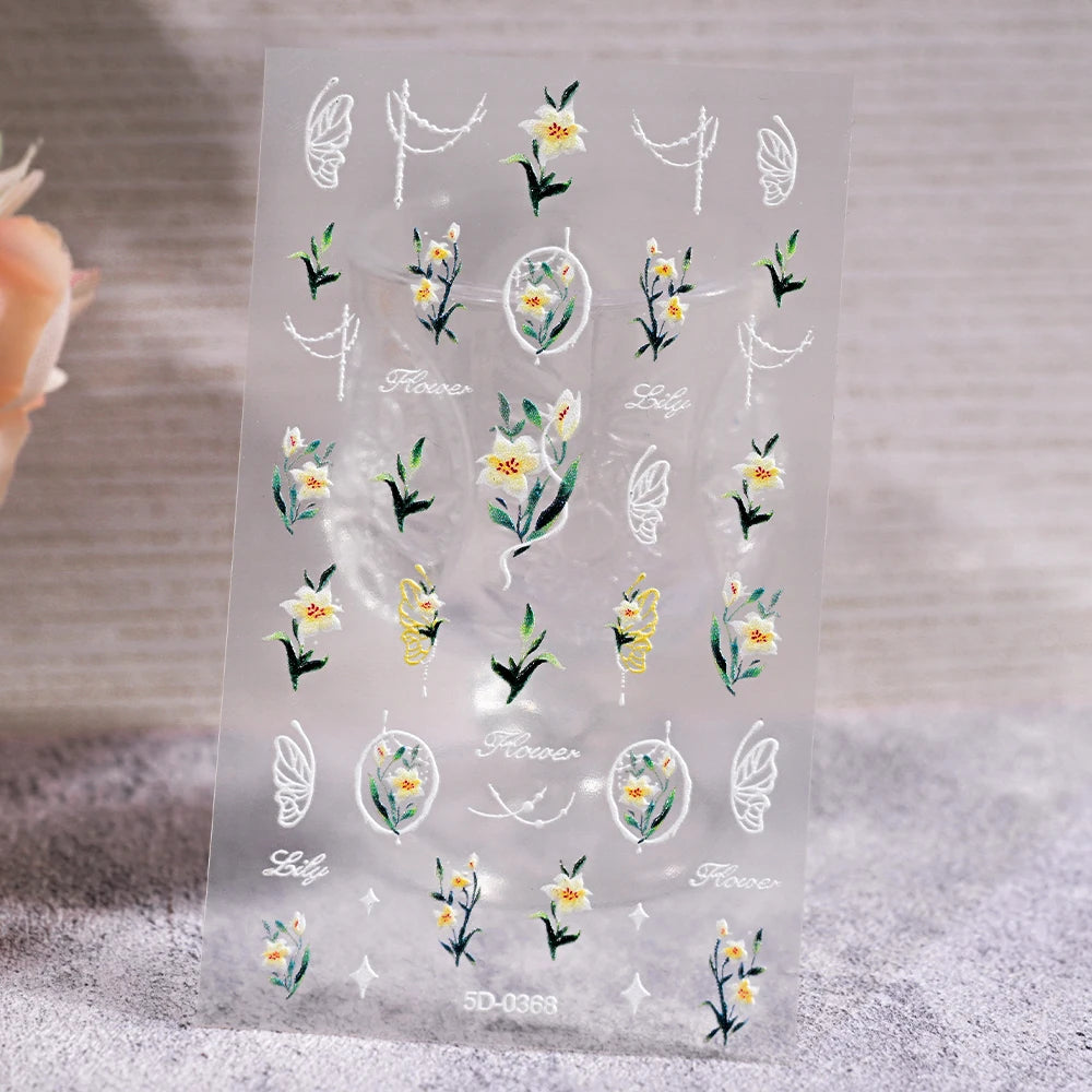 1Pc 5D Embossed Lavender Flower Nail Sticker Spring Floral Leaves Self-Adhesive Sliders Rose Heart Decals Manicure Decoration
