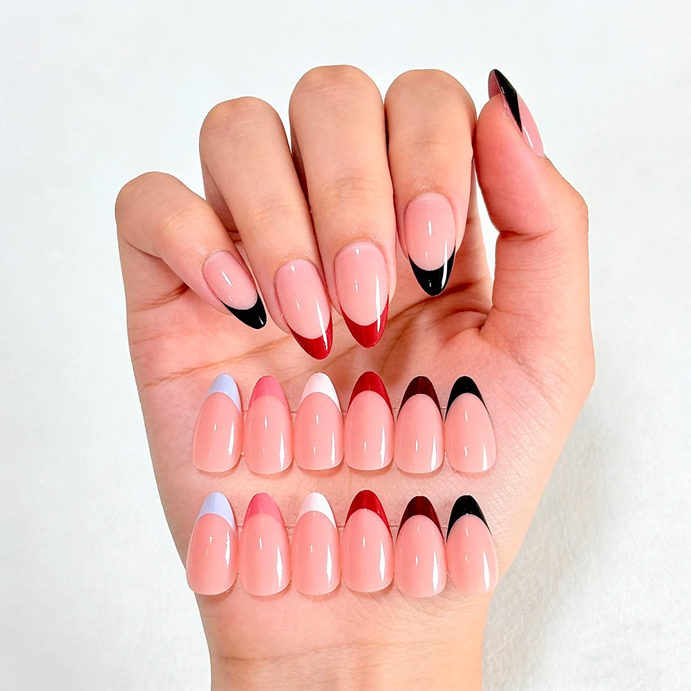 144Pcs White/Black/Red French False Nails for Women Mid-length Almond Press on Nails Acrylic Full Cover Oval Fake Nail Tips