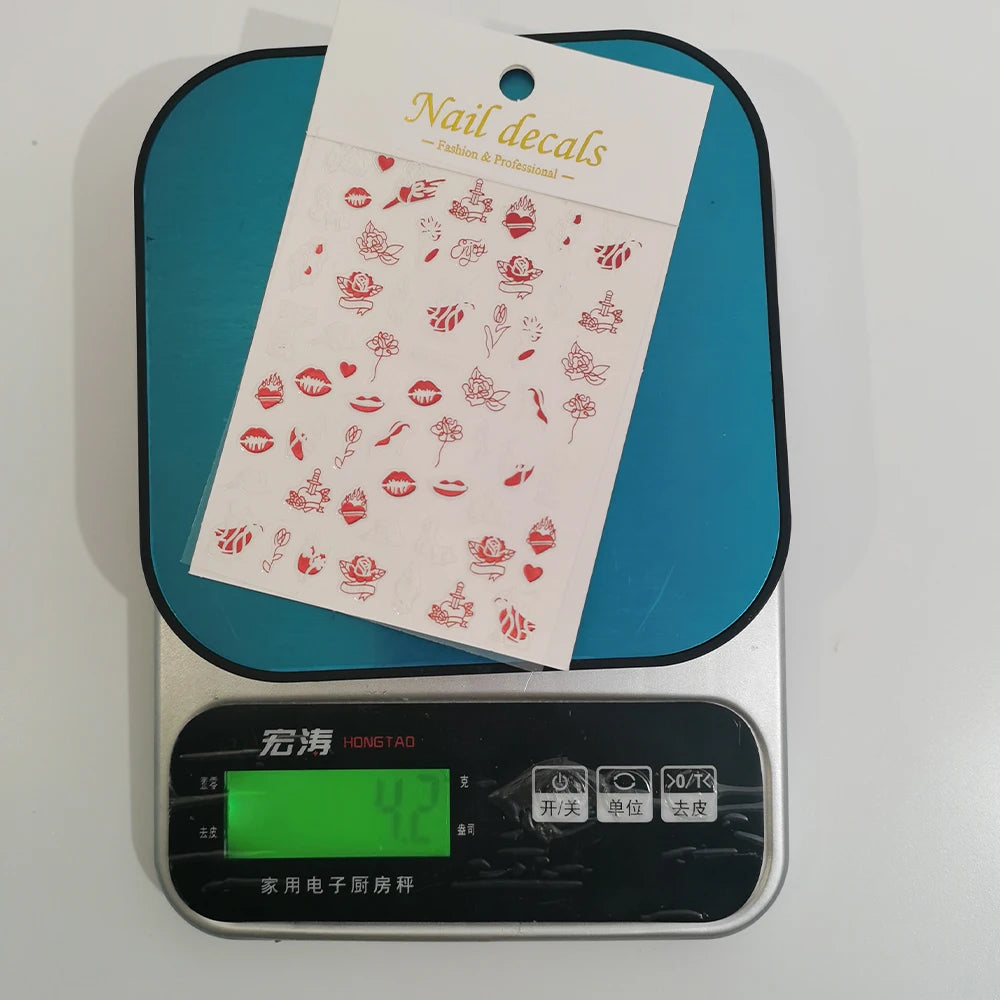 1Pc 3D Red Love Heart Nail Art Stickers Rose Flower Lip Self Adhesive Decals Valentine' Day Nail Sliders For Manicure Decoration