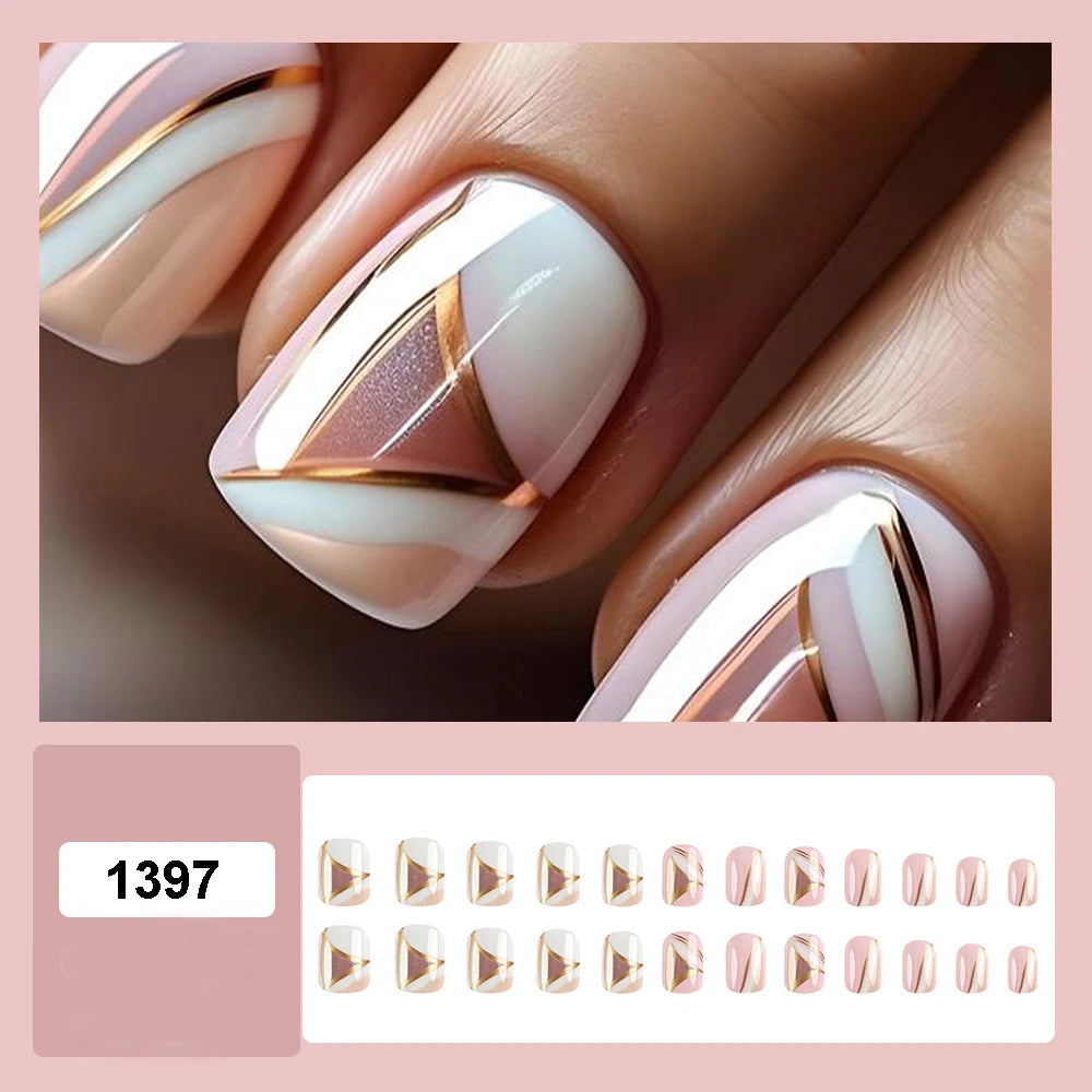 Short Medium fake nails glossy Y2K gradient green purple silver pink white golden geometric reusable ABS Artificial nails kit