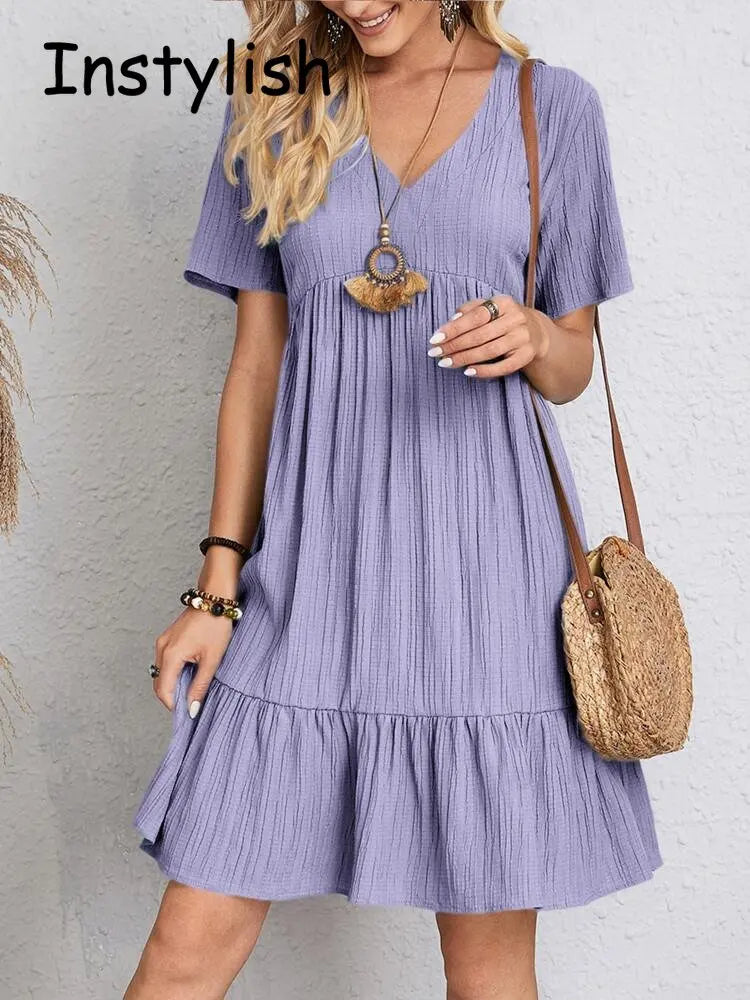 Women Elegant V Neck Ruffles Mini Dress Summer Vintage Solid Loose Sundress Bohemian Casual Solid Beach Party Vestidos