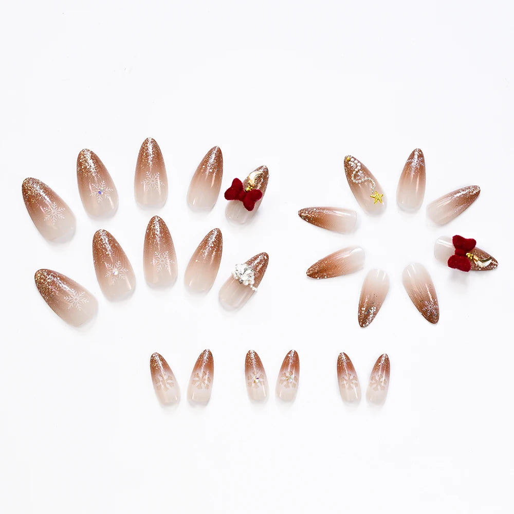 24Pcs Glitter powder French Christmas Fake Nails Almond Full Cover False Nails Snowflake with Bowknot Rhinestone Press On Nails