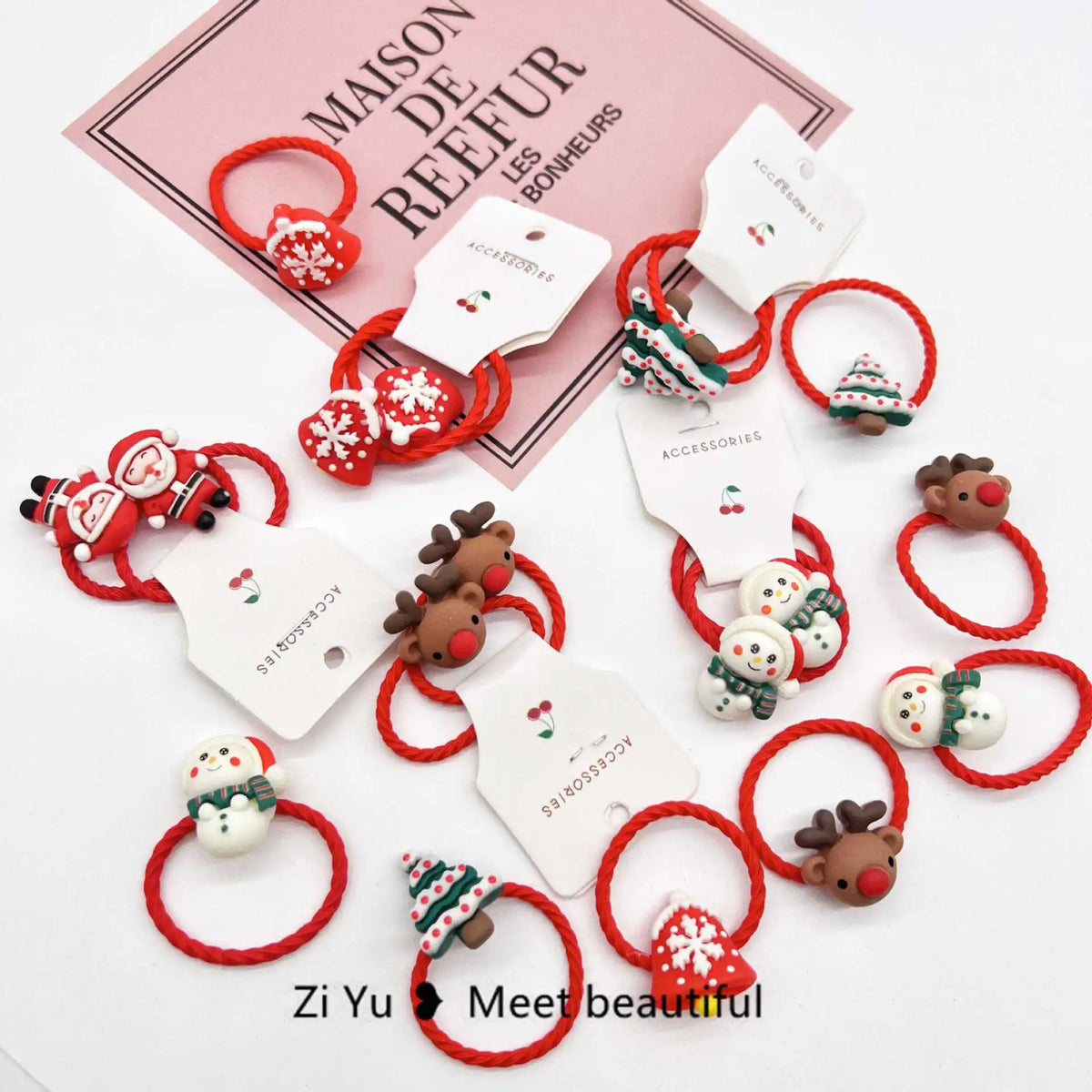 10pcs Cute Cartoon Hair Rings for Christmas with Christmas Tree and Reindeer Santa Decorations, Festive Hair Decoration
