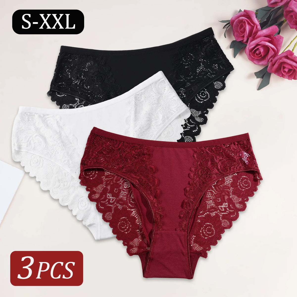 3PCS Elegant Women's Panties Sexy Lace Floral Cotton Patchwork Underwear Comfortable Breathable Solid Color Briefs Lingerie