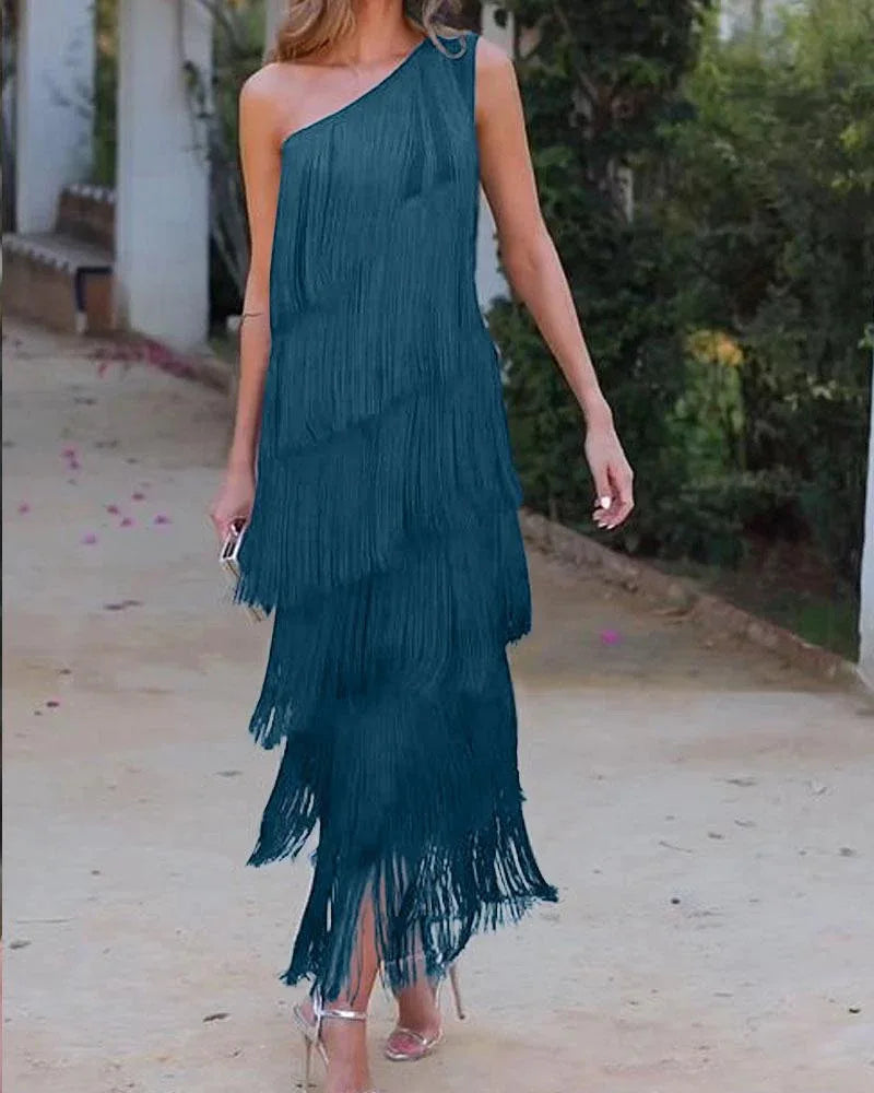 BKLD Solid Color 2026 Spring Summer New Fashion Tassel One Shoulder Sleeveless Asymmetric Dress Clothes For Women Evening Dress
