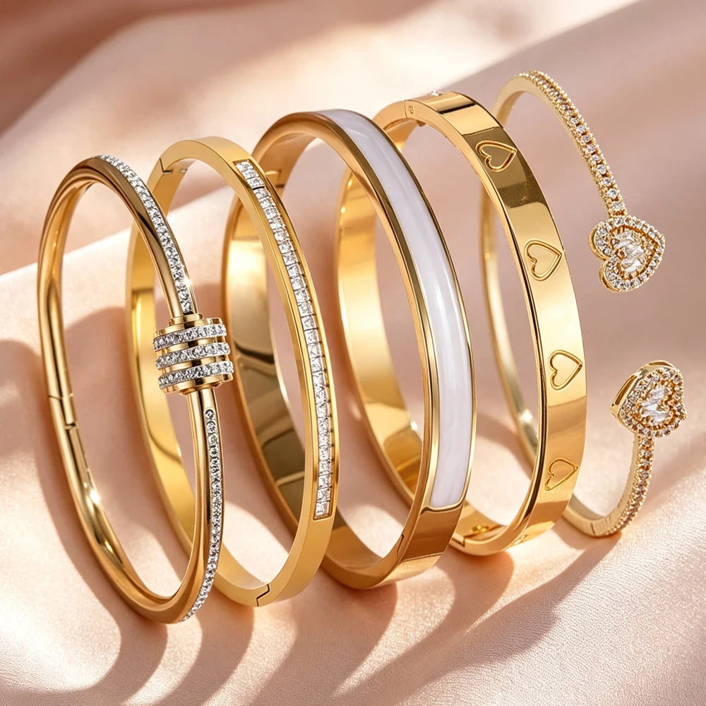 ZAKOL 5/1pcs Shiny Geometric Zirconia Inlaid Stainless Steel Copper Bracelet Set Heart CZ Stackable Bangle Jewelry Gift