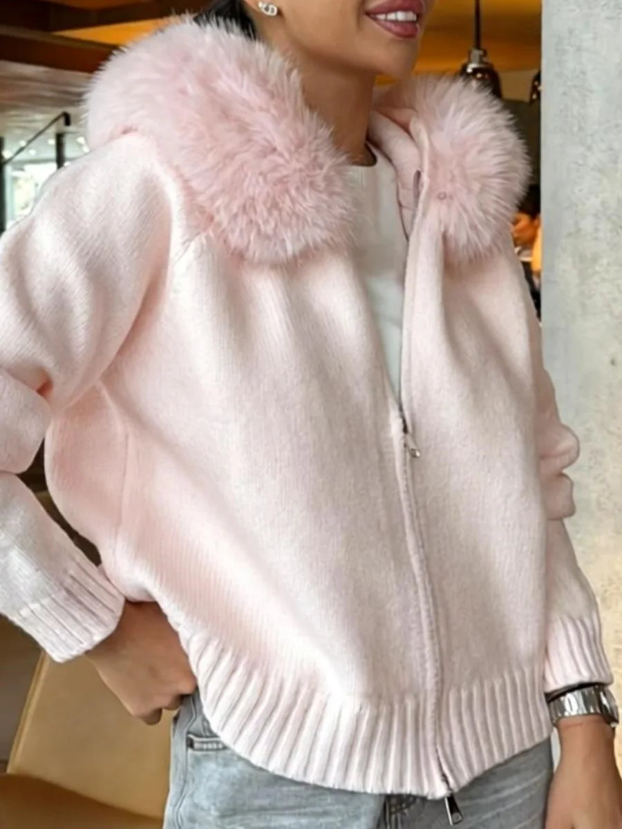 Women Casual Solid Thick Knitted Cardigan Long Sleeve Zipper Patchwork Loose Fit Coats 2026 Autumn Winter Female Basic Knitwears