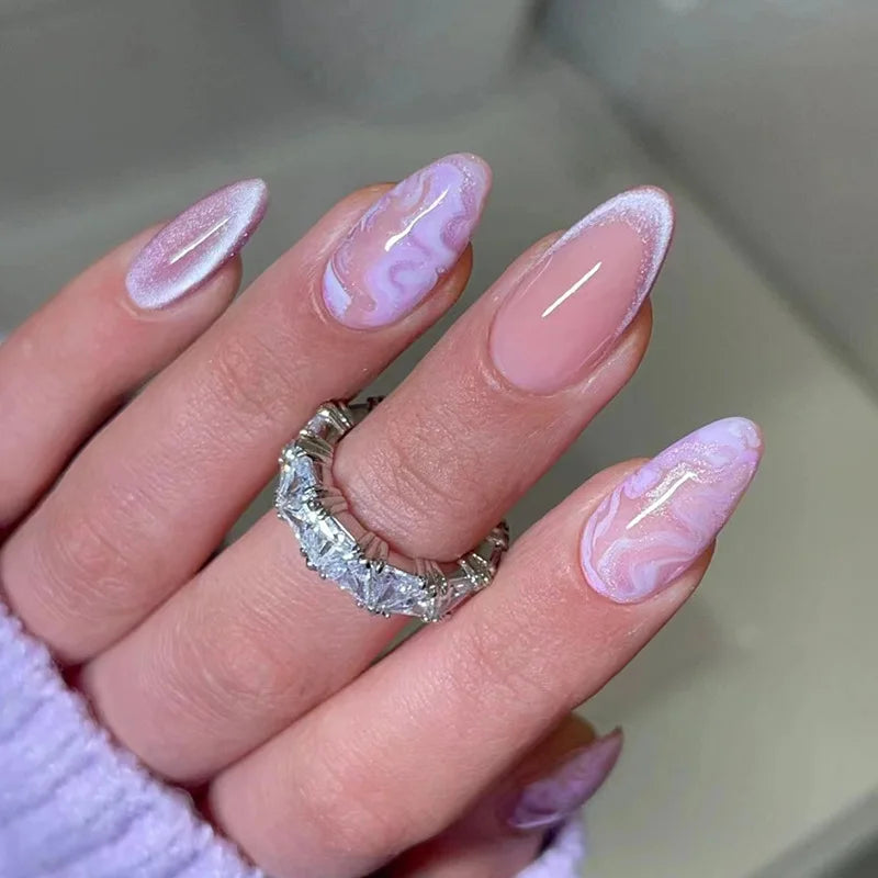 24Pcs Wearable Almond Fake Nail with Halo Stained Purple Design Short Oval False Nails Round Head Press on Nails Full Nail Tips