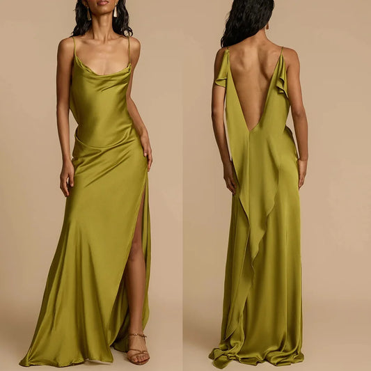 BKLD Women Clothing 2026 Spring Summer New Spaghetti Strap Split Y2k Dress Ruffles Open Back Casual Loose Vacation Satin Dress
