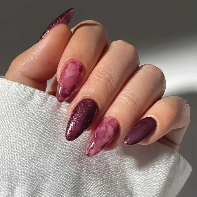 24Pcs Purple Flower Stiletto Round Head Press on Nails False Nails Almond Fake Nails French Wearable Full Cover Nail Tips