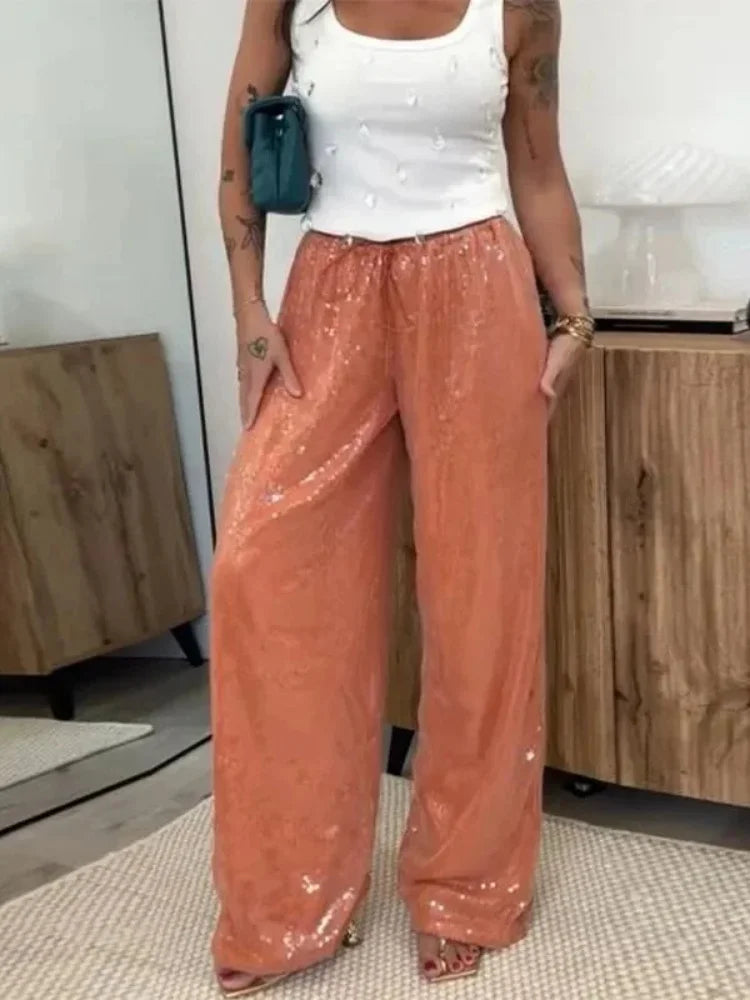 Summer Vacation Y2k Women's Sequined Pants Lady Chic High-Waist Lace Up Loose Fit Straight Mop Trouser Female Casual Streetwear