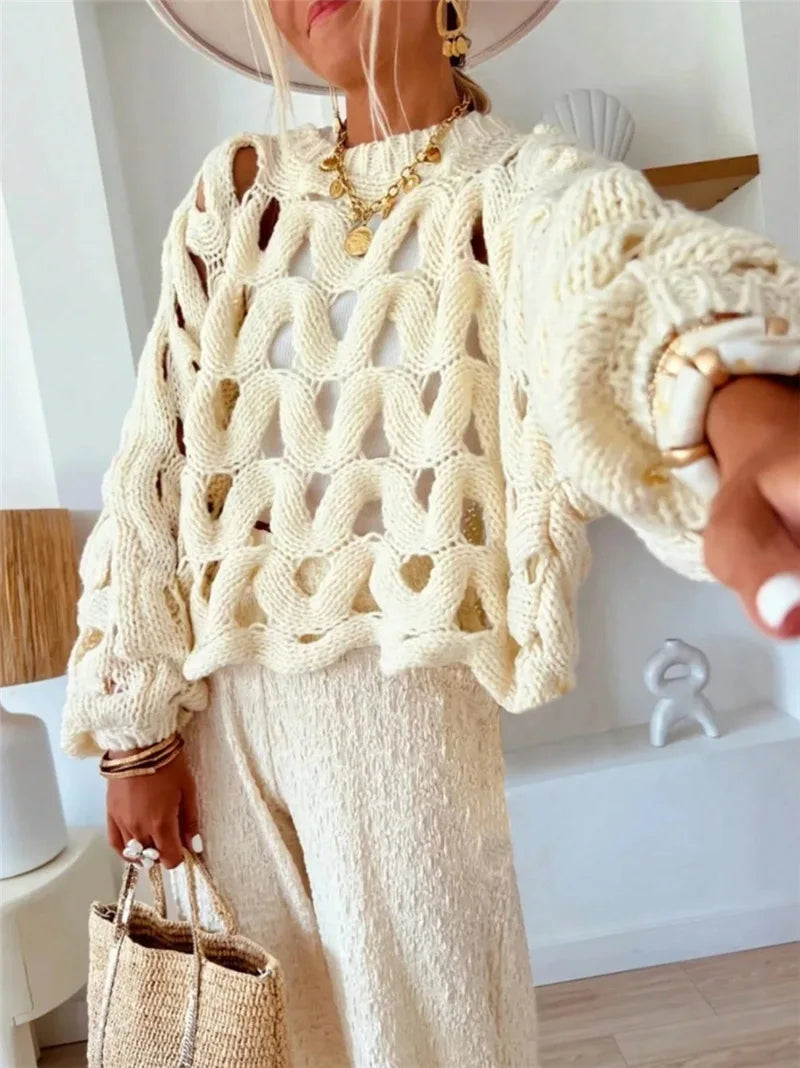 BKLD Ladies' Casual Solid Color Leisure Vacation Beach Hollow Out Crochet Long Sleeve Sweater Pullovers Knitted Tops Women