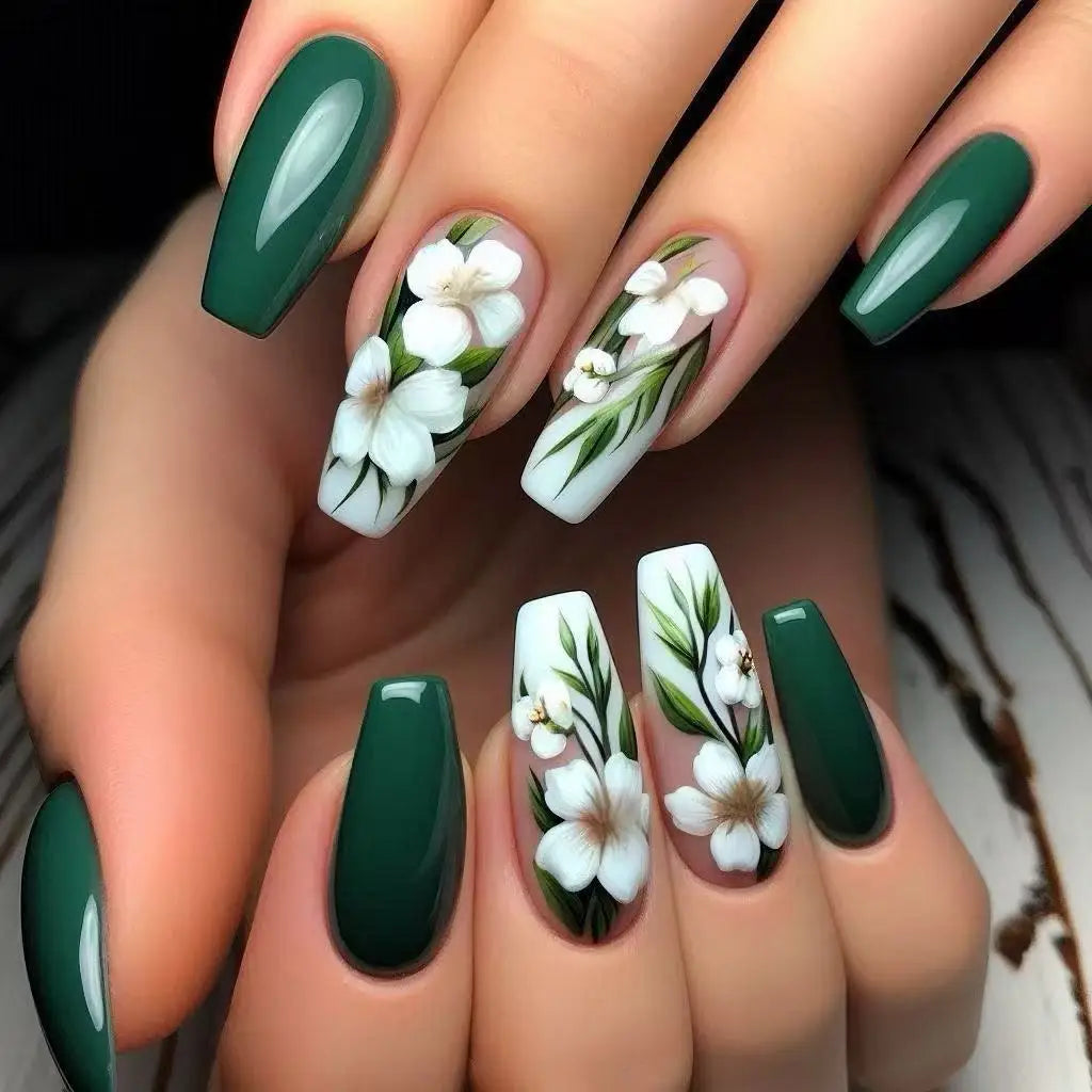 Medium long fake nails for women green white pink red flowers for Spring summer ballet tips full cover acrylic press on nail