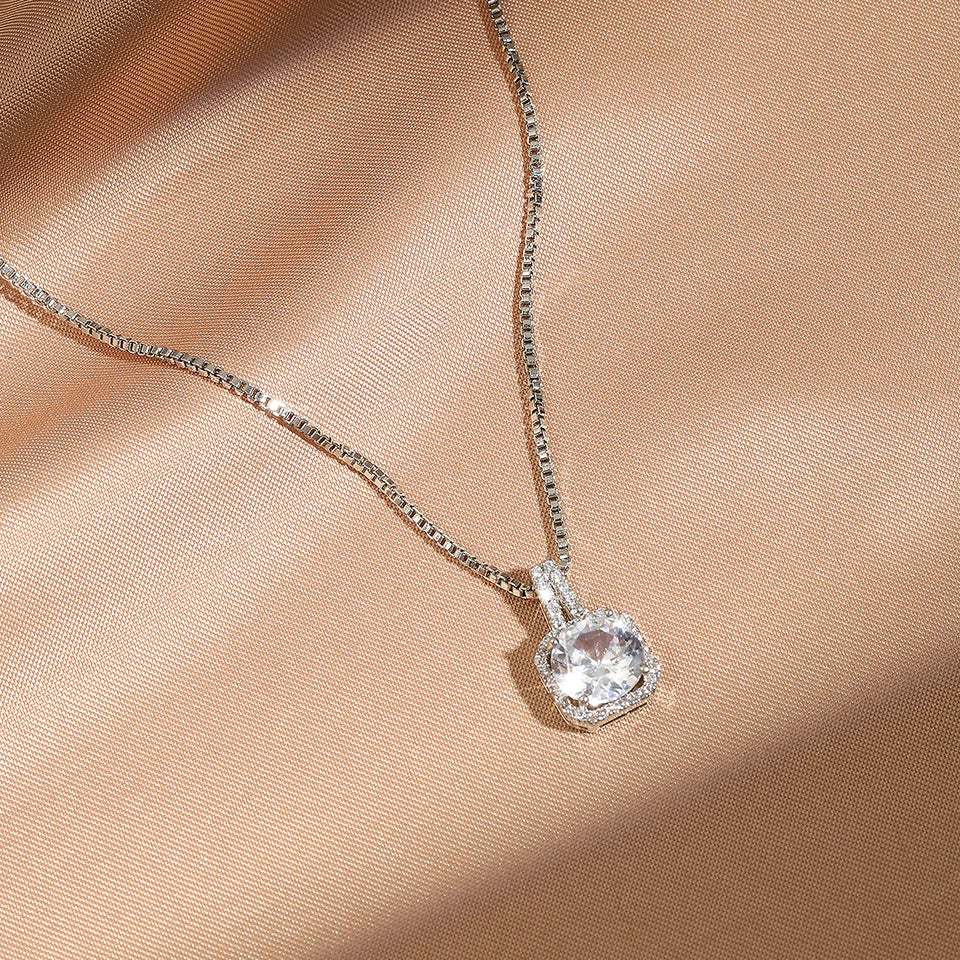ZAKOL Simple Geometric Crystal White Zircon Pendant Necklace For Women Silver-Color Wedding Party Jewelry Gift With Box
