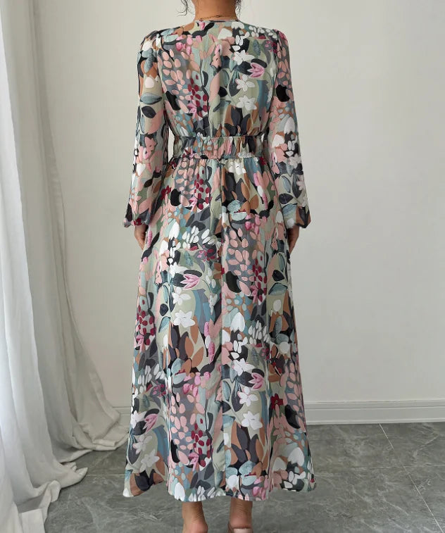 Elegant Floral V-Neck A-Line Dress – Cinched Waist & Lantern Sleeves for Summer | فستان أنيق بنقشة الزهور وياقة V – قصة A بخصر محدد وأكمام فانوس لصيف راقٍ