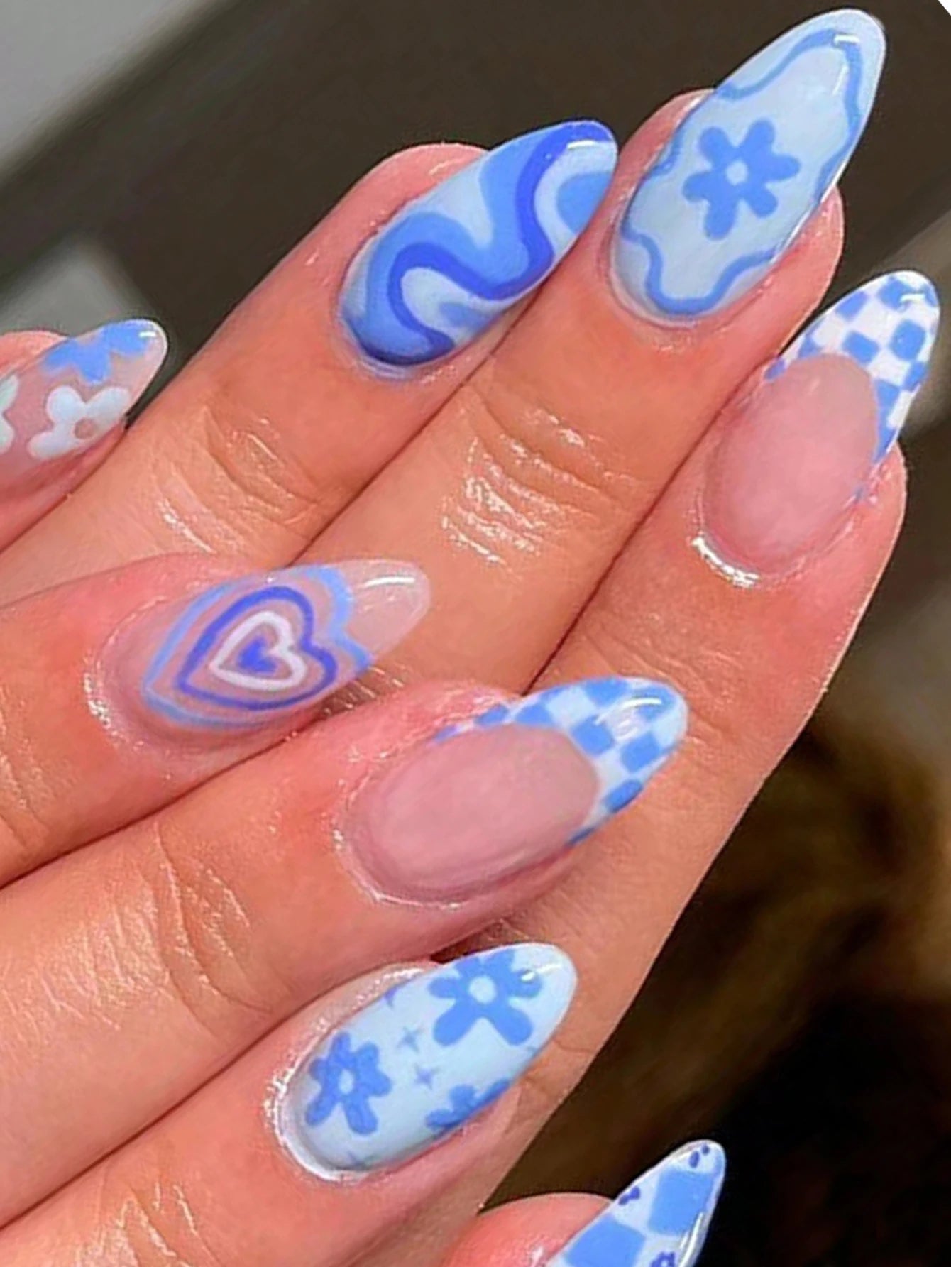 24pcs Long Almond Fake Nails White French Press on Nails Simple Full Cover Detachable Nail