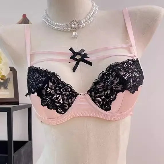 MOYISU French Lace Bralette with Bow Sweetheart Neckline Petite Bust | Natural Lift Minimalist Bra Set Sexy Yet Subtle Support