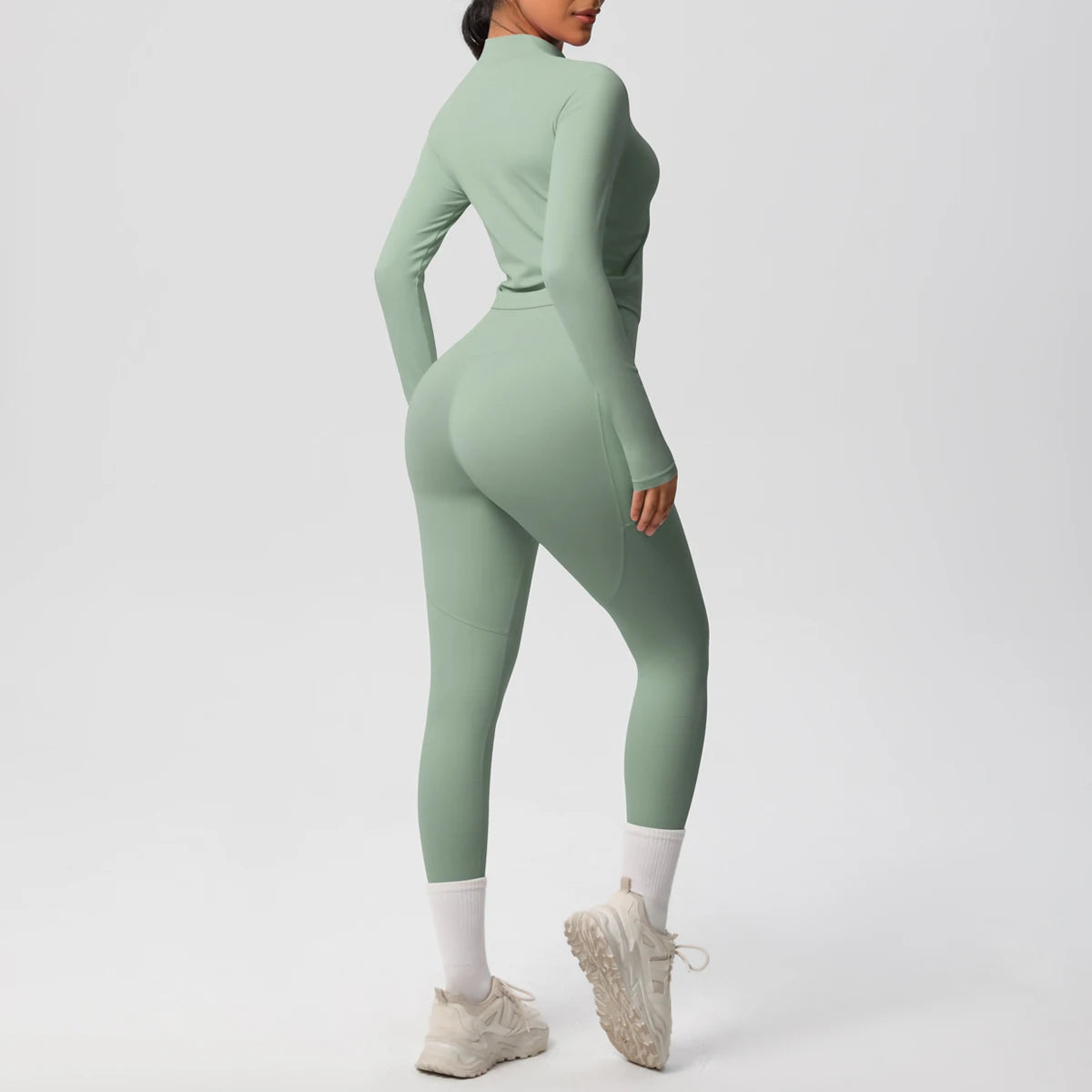 2PCS Yoga Suit Women Gym Set Leggings With Pocketed Women Tracksuit Running Zipper Workout Sportswear Long Sleeve Sports Shirt