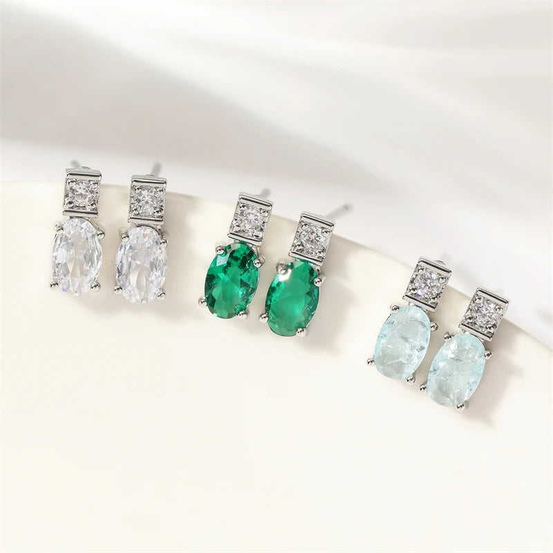 ZAKOL New Exquisite Elliptical Blue Green AAA Zircon Stud Earrings Shiny Crystal CZ Birthday Christmas Jewelry Gifts for Women