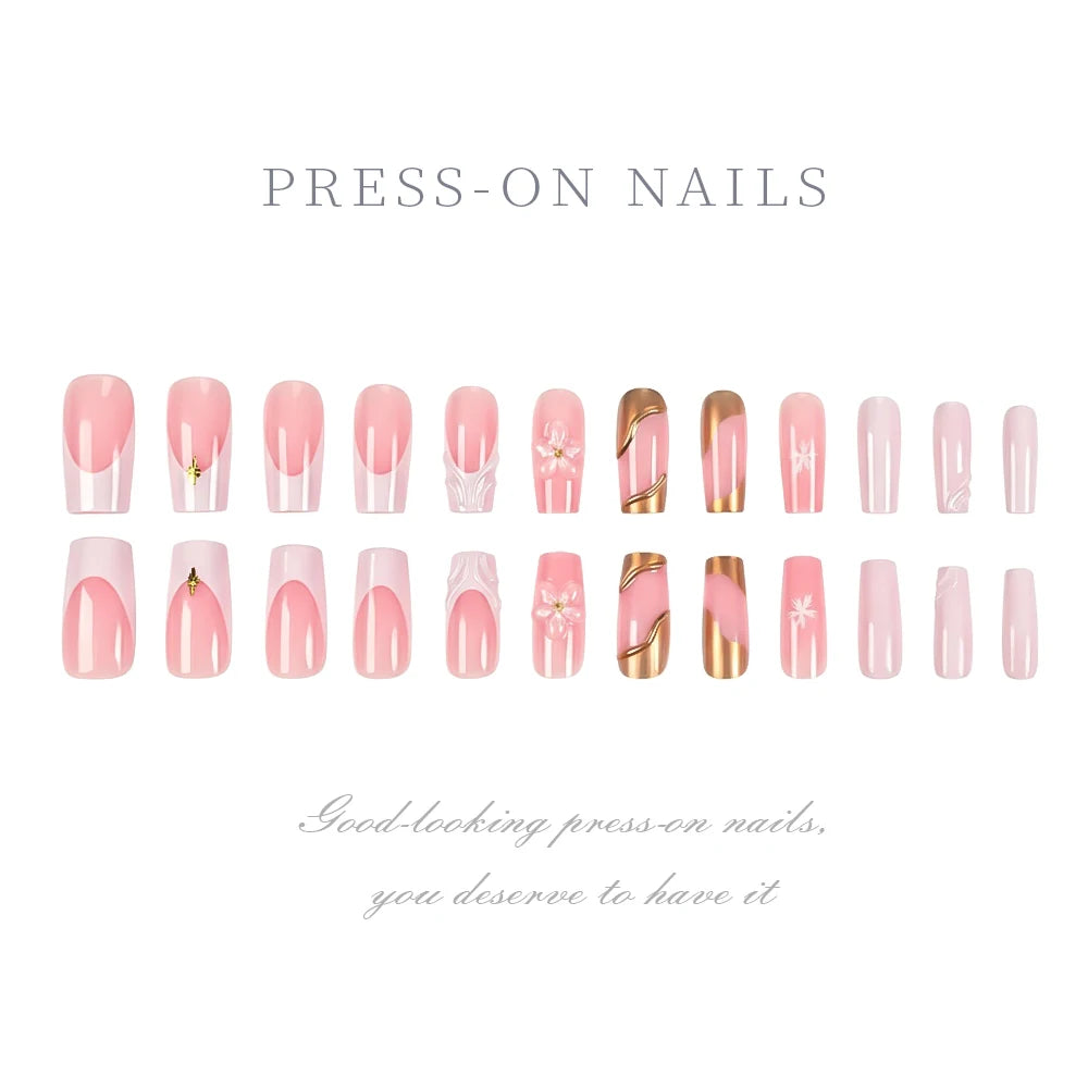 24Pcs Sweet Medium Square French False Nails Blush Pink Flower Full Cover Fake Nails Extension Acrylic Wearable Press on Nails