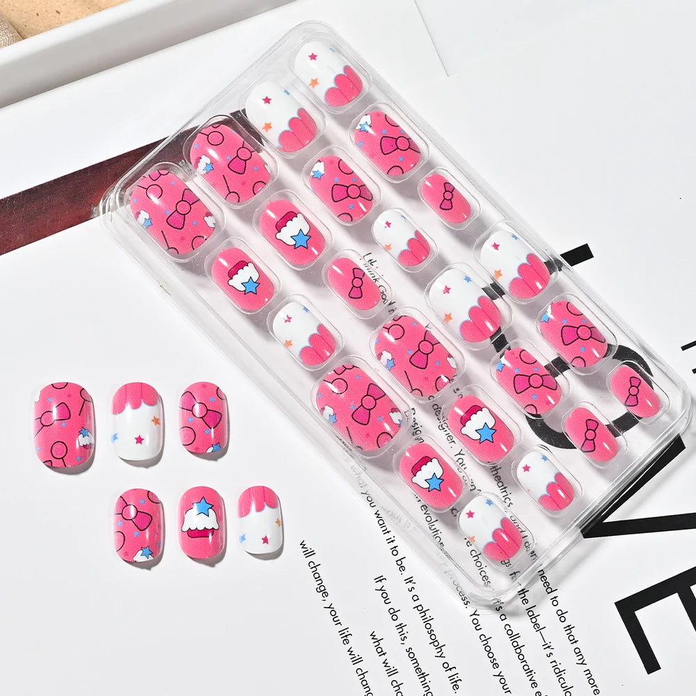 120Pcs Kids Cute Bow Heart Design False Nails Cartoon Animal Short Square Full Cover Fake Nail Tips for Girls Press On Nails