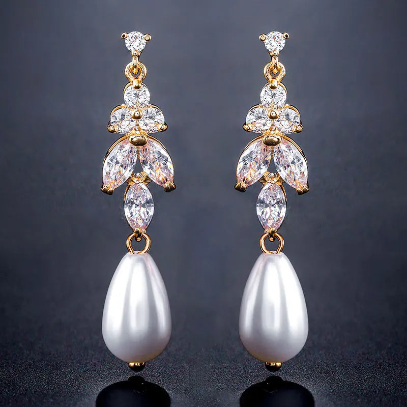 ZAKOL Luxury Teardrop Imitation Pearl Bridal Earring for Women Elegant AAA Cubic Zirconia Earring Wedding Accessories