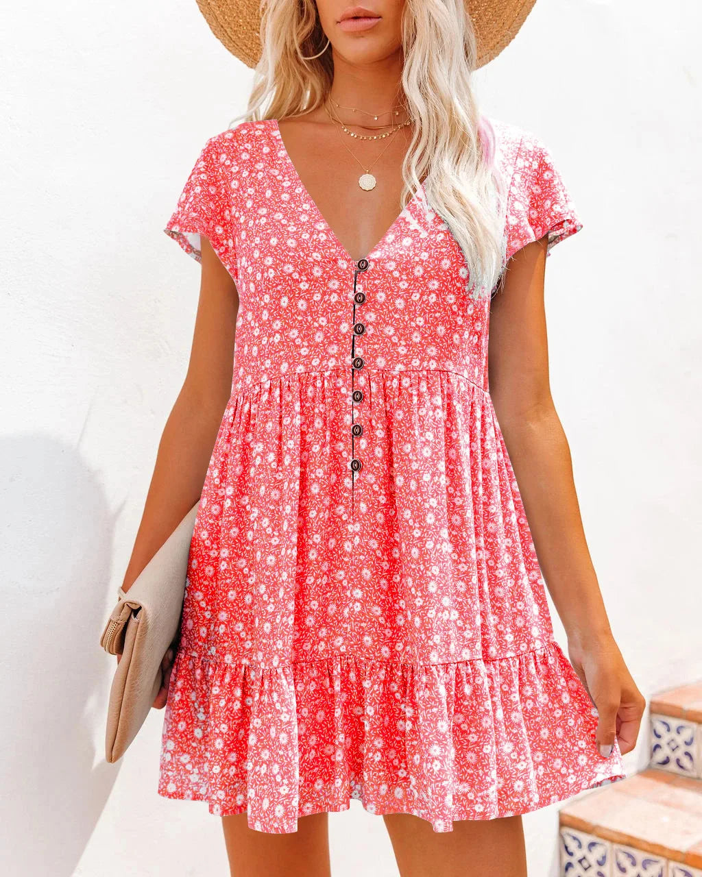 Women Summer Floral Print Short Sleeve V Neck A Line Dress Casual Boho Pleated Mini Dress Beach Party Vacation Sundress 2023