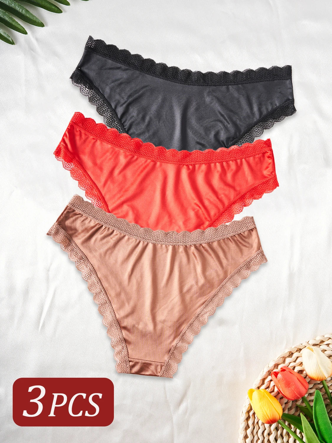 3PCS Elegant Lace-Trimmed Women's Panties Solid Color Seamless Satin Underpants Fashion Simple Comfortable Briefs Lingerie