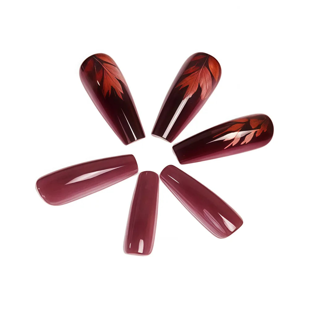 Medium long fake nails for women gilrs gradient brown coffee flora leaf design reusable full over press on Artificial Nails set
