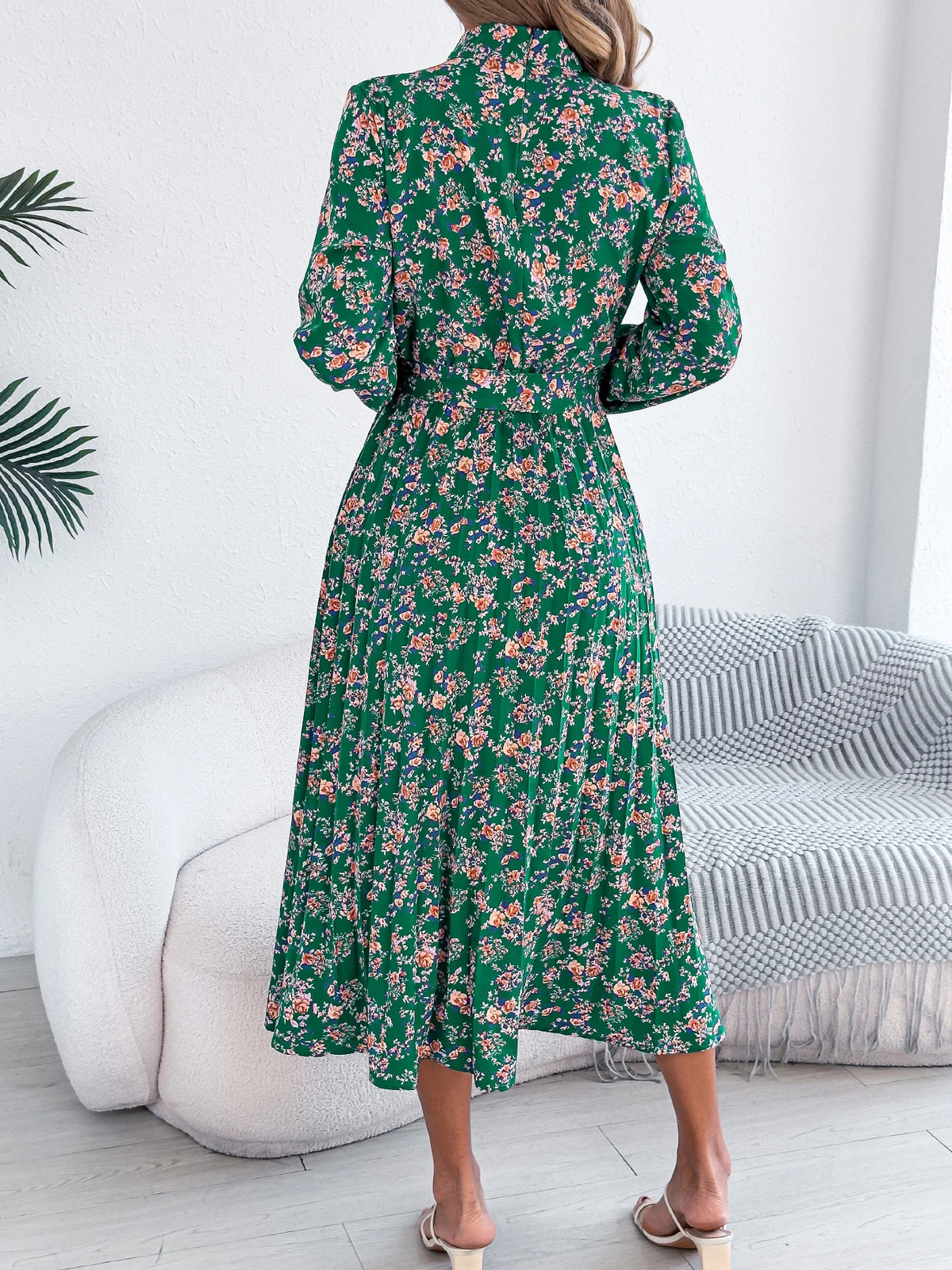 Floral Stand Up Collar Bridesmaid Dress 2026 Spring Autumn Elegant Long Sleeve Waist Cinching Pleated Dresses Woman Clothing